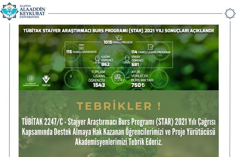 TÜBİTAK Stajyer Araştırmacı Burs Programı (STAR) 2021 Yılı Sonuçları Açıklandı